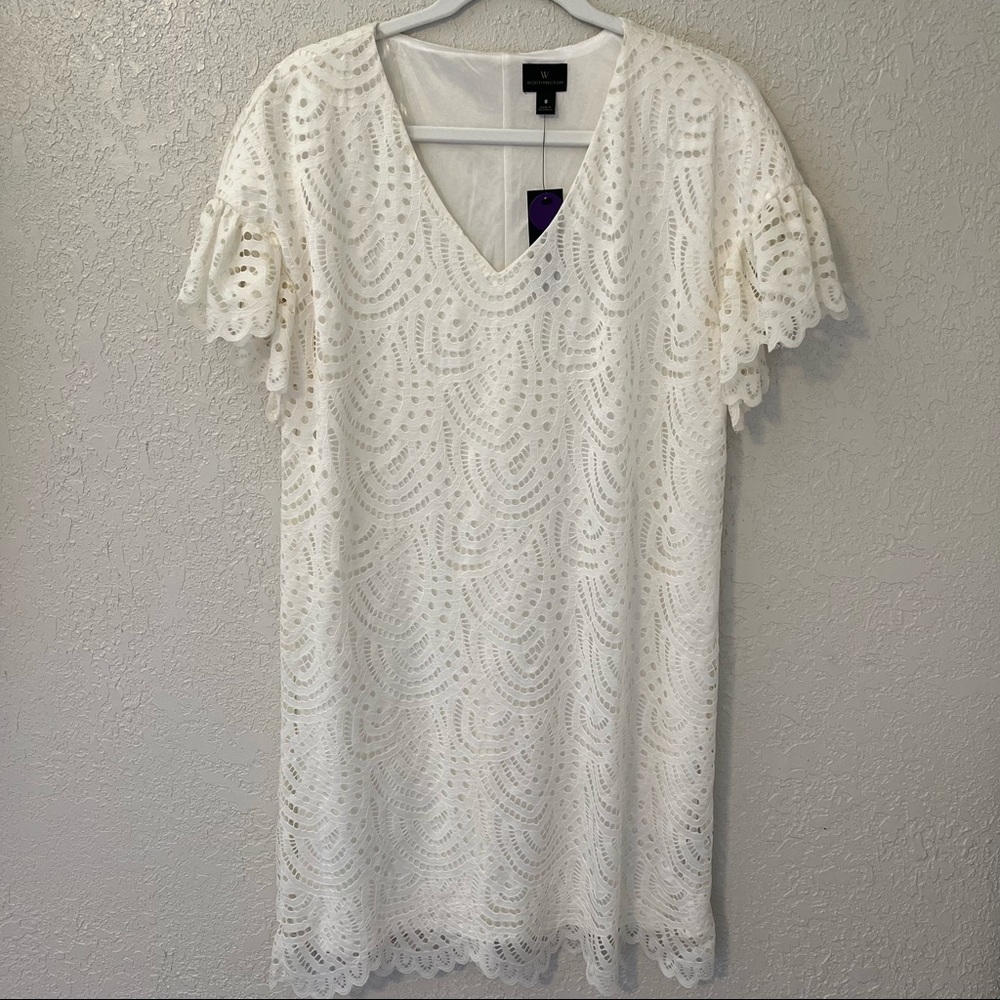 Worthington women’s Ivory lace drop shoulder flutter sleeve shift dress, small